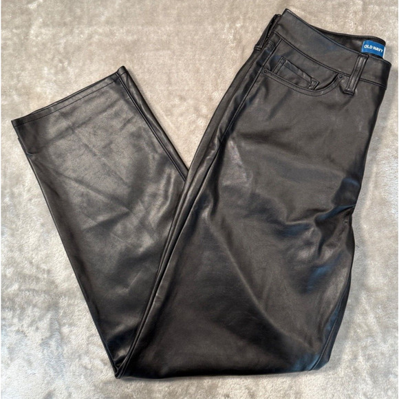 Old Navy OG Loose Faux Leather Black Straight Leg Pants Womens Size 10 - Picture 1 of 5